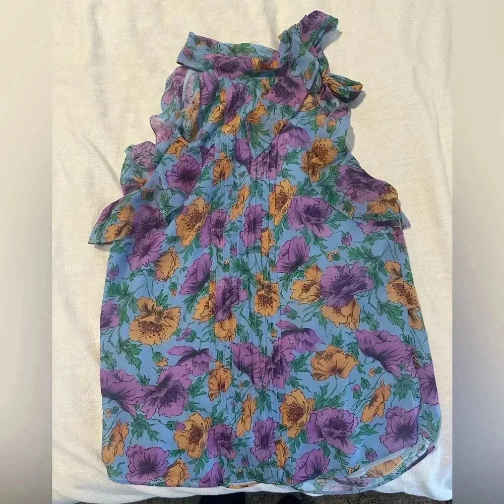NWT VERONICA BEARD Silk Dali Top Ruffle Lake Blue Multi size 4 - Picture 5 of 7
